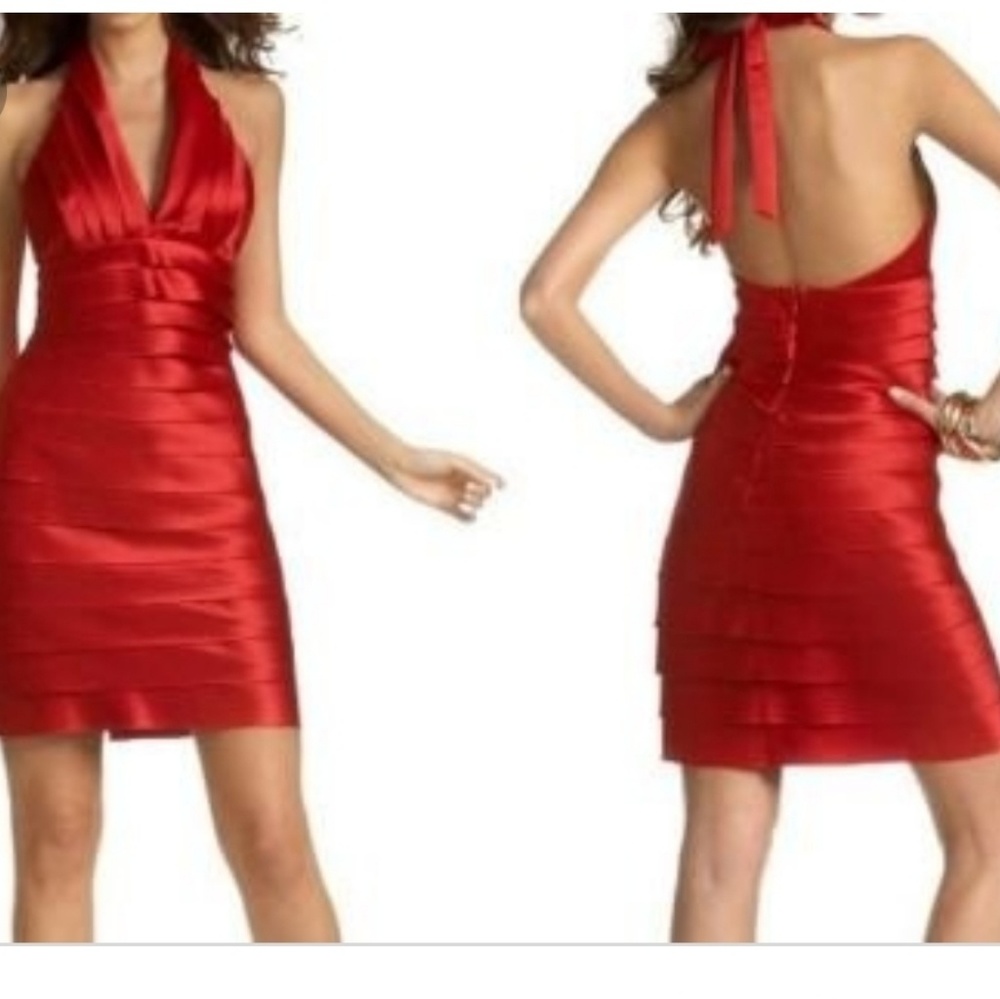 BCBG Max Azria Red Satin Tiered Halter Dress